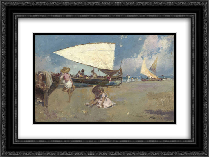 Children on a Sunny Beach 24x18 Black Ornate Wood Framed Art Print Poster with Double Matting by Mancini, Antonio