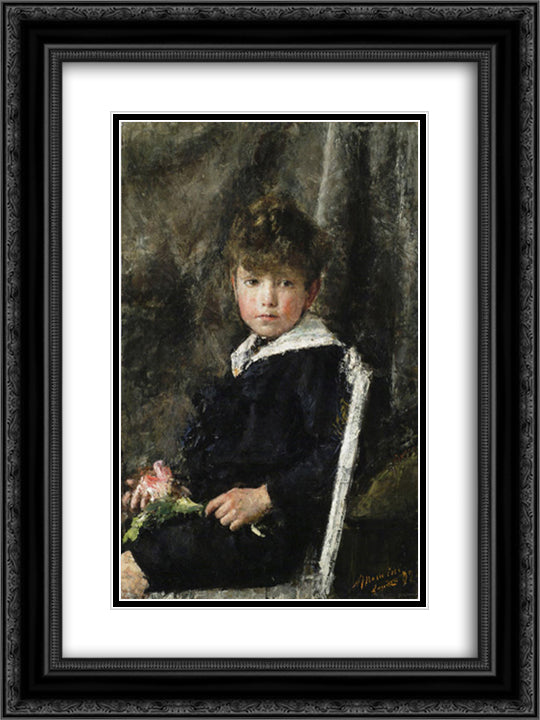 Seated Boy 18x24 Black Ornate Wood Framed Art Print Poster with Double Matting by Mancini, Antonio