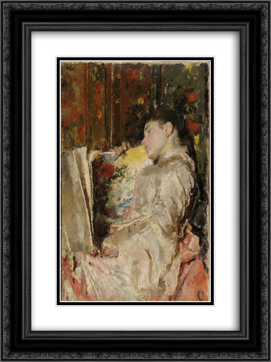 Woman with an Album 18x24 Black Ornate Wood Framed Art Print Poster with Double Matting by Mancini, Antonio
