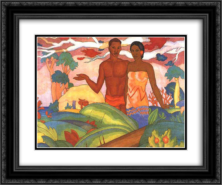 Hawaiian Boy and Girl 24x20 Black Ornate Wood Framed Art Print Poster with Double Matting by Manookian, Arman