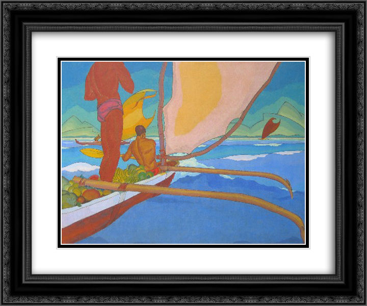 Men in an Outrigger Canoe Headed for Shore 24x20 Black Ornate Wood Framed Art Print Poster with Double Matting by Manookian, Arman