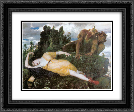 Diana sleeping with two fauns 24x20 Black Ornate Wood Framed Art Print Poster with Double Matting by Bocklin, Arnold