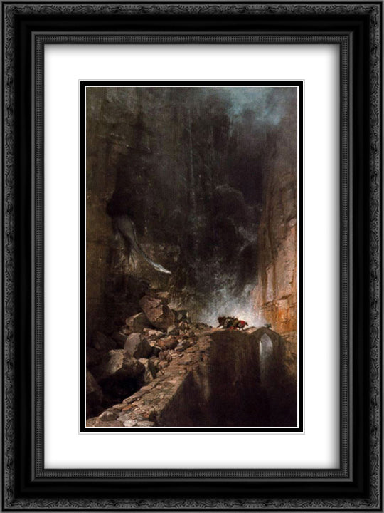 Dragon walking between rocks 18x24 Black Ornate Wood Framed Art Print Poster with Double Matting by Bocklin, Arnold