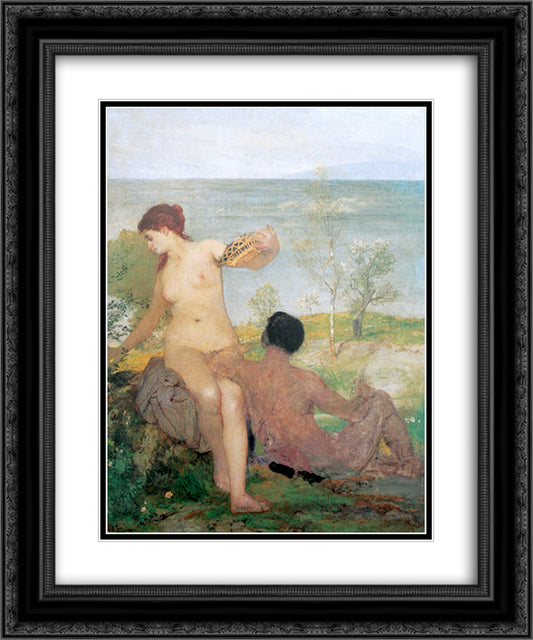 Girl and boy picking flowers 20x24 Black Ornate Wood Framed Art Print Poster with Double Matting by Bocklin, Arnold