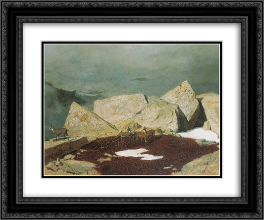 High mountains with chamoises 24x20 Black Ornate Wood Framed Art Print Poster with Double Matting by Bocklin, Arnold