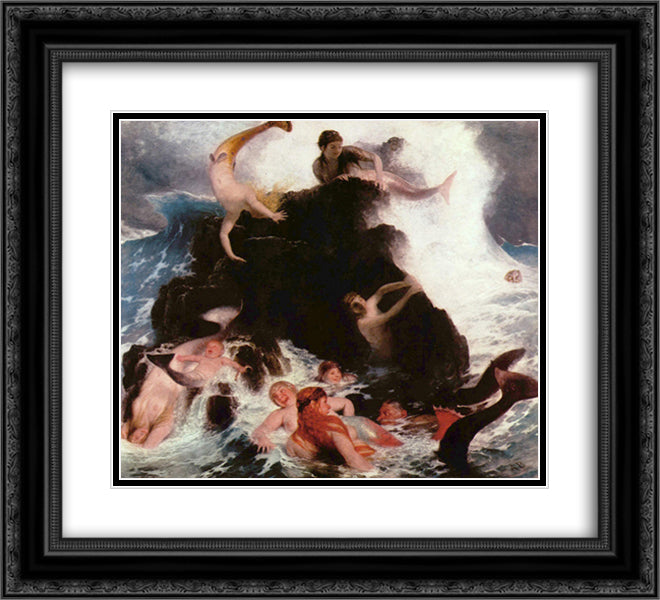 Mermaids at Play 22x20 Black Ornate Wood Framed Art Print Poster with Double Matting by Bocklin, Arnold