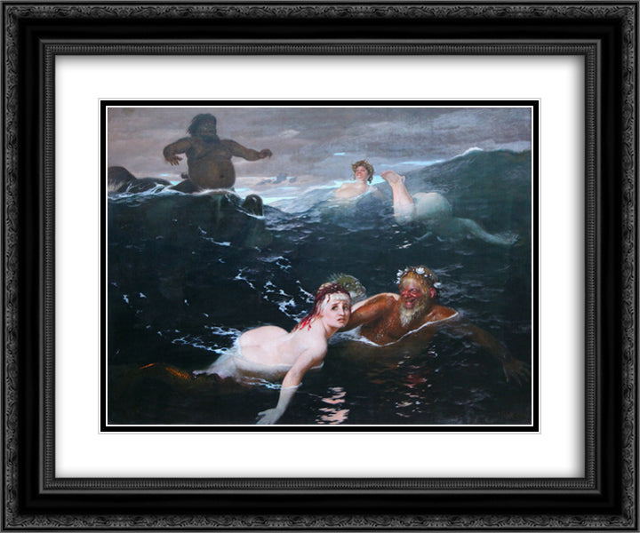 Playing in the Waves 24x20 Black Ornate Wood Framed Art Print Poster with Double Matting by Bocklin, Arnold