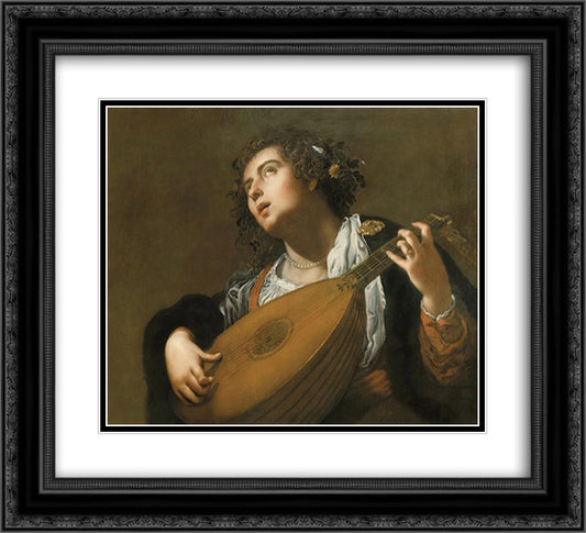 Woman Playing a Lute 22x20 Black Ornate Wood Framed Art Print Poster with Double Matting by Gentileschi, Artemisia