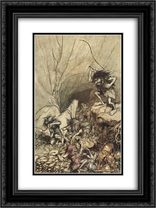 Alberich drives in a band of Niblungs laden with gold and silver treasure 18x24 Black Ornate Wood Framed Art Print Poster with Double Matting by Rackham, Arthur