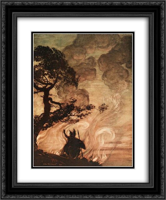 As he moves slowly away, Wotan turns and looks sorrowfully back at Brunnhilde 20x24 Black Ornate Wood Framed Art Print Poster with Double Matting by Rackham, Arthur