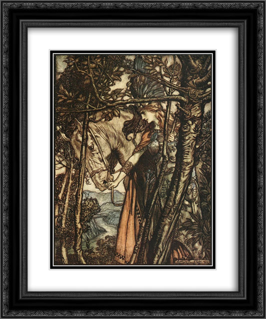 Brunnhilde slowly and silently leads her horse down the path to the cave 20x24 Black Ornate Wood Framed Art Print Poster with Double Matting by Rackham, Arthur