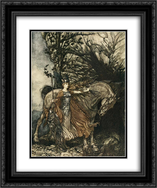 Brunnhilde with her horse, at the mouth of the cave 20x24 Black Ornate Wood Framed Art Print Poster with Double Matting by Rackham, Arthur