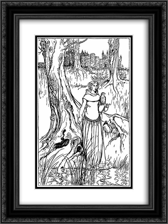 Enide with the golden hawk 18x24 Black Ornate Wood Framed Art Print Poster with Double Matting by Rackham, Arthur