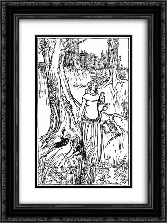 Enide with the golden hawk 18x24 Black Ornate Wood Framed Art Print Poster with Double Matting by Rackham, Arthur