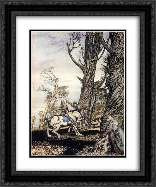 Erec is attacked in the forest by a stranger knight 20x24 Black Ornate Wood Framed Art Print Poster with Double Matting by Rackham, Arthur