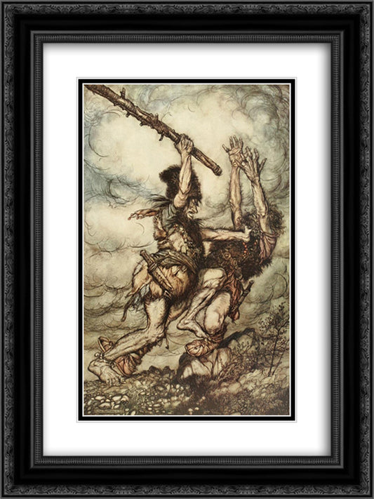 Fafner kills Fasolt 18x24 Black Ornate Wood Framed Art Print Poster with Double Matting by Rackham, Arthur