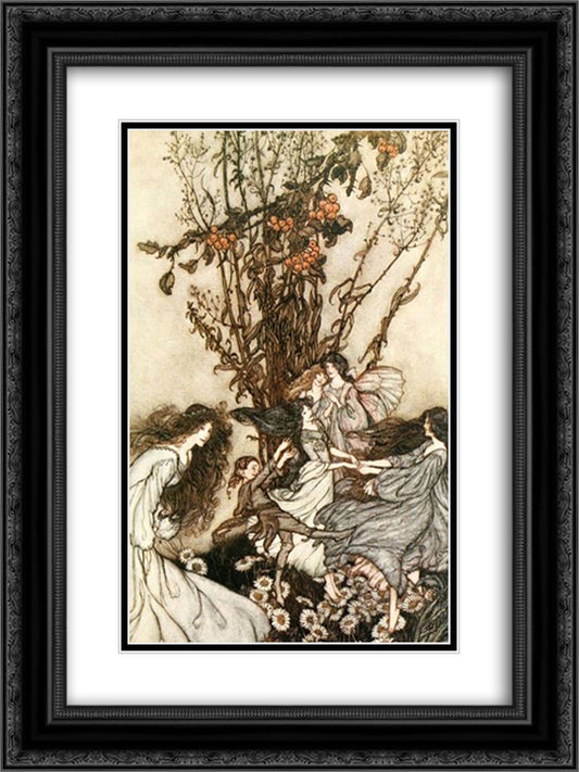 Fairies never say, 'We feel happy', what they say is, 'We feel dancey.' 18x24 Black Ornate Wood Framed Art Print Poster with Double Matting by Rackham, Arthur