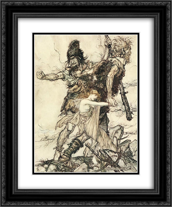 Fasolt suddenly seizes Freia and drags her to one side with Fafner 20x24 Black Ornate Wood Framed Art Print Poster with Double Matting by Rackham, Arthur