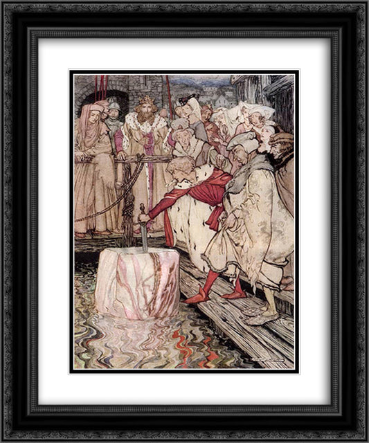 Galahad draws the sword from the floating stone 20x24 Black Ornate Wood Framed Art Print Poster with Double Matting by Rackham, Arthur