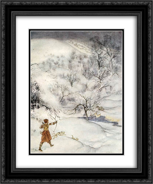 Gawain's journey through the snowy landscape 20x24 Black Ornate Wood Framed Art Print Poster with Double Matting by Rackham, Arthur