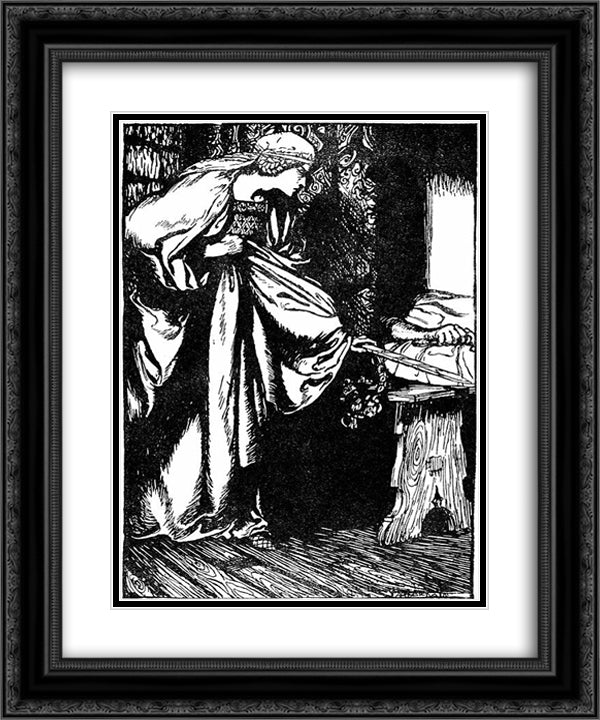 Isolde discovers the notch in the sword of Tristan 20x24 Black Ornate Wood Framed Art Print Poster with Double Matting by Rackham, Arthur