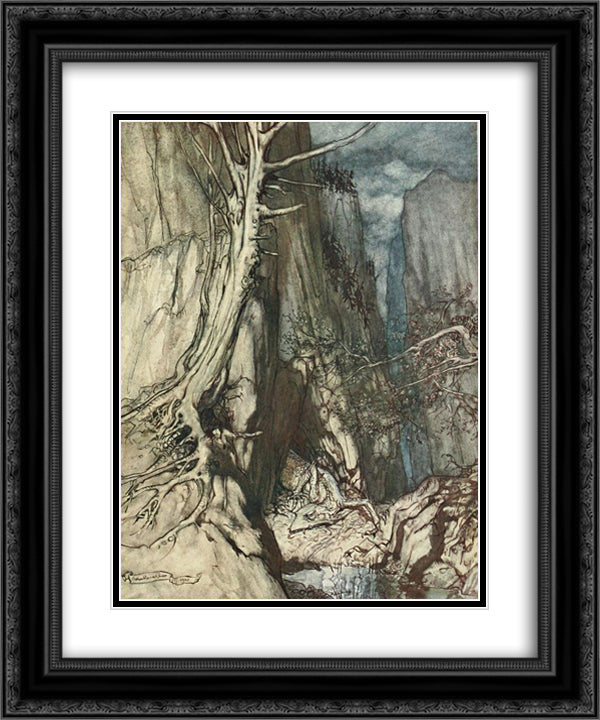 Keeps watch over Alberich's ring 20x24 Black Ornate Wood Framed Art Print Poster with Double Matting by Rackham, Arthur