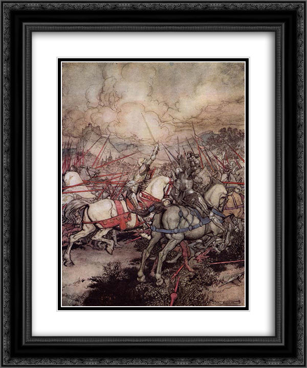 King Arthur for the first time draws his sword Excalibur from its sheath 20x24 Black Ornate Wood Framed Art Print Poster with Double Matting by Rackham, Arthur