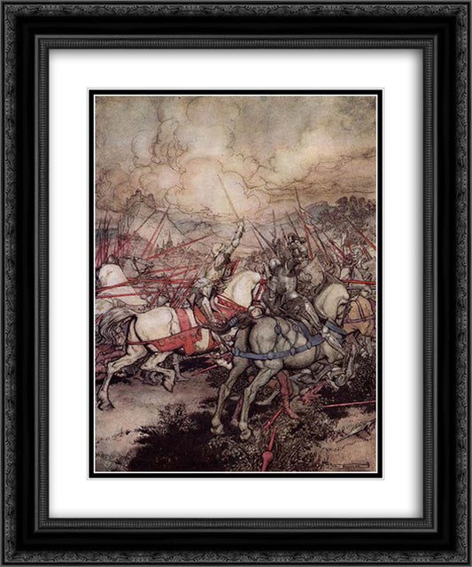 King Arthur for the first time draws his sword Excalibur from its sheath 20x24 Black Ornate Wood Framed Art Print Poster with Double Matting by Rackham, Arthur