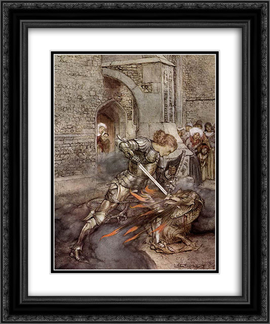 Lancelot fights against a dragon at the Castle of Corbin 20x24 Black Ornate Wood Framed Art Print Poster with Double Matting by Rackham, Arthur