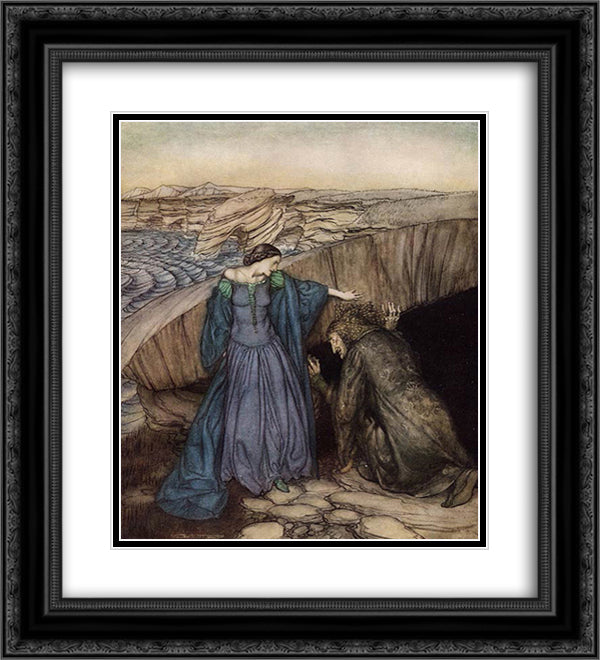 Merlin is lured by the evil fairy Vivien in her home 20x22 Black Ornate Wood Framed Art Print Poster with Double Matting by Rackham, Arthur