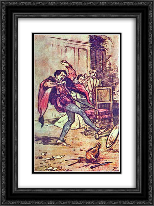 Petruchio, pretending to find Fault with every Dish, threw the Meat about the Floor 18x24 Black Ornate Wood Framed Art Print Poster with Double Matting by Rackham, Arthur