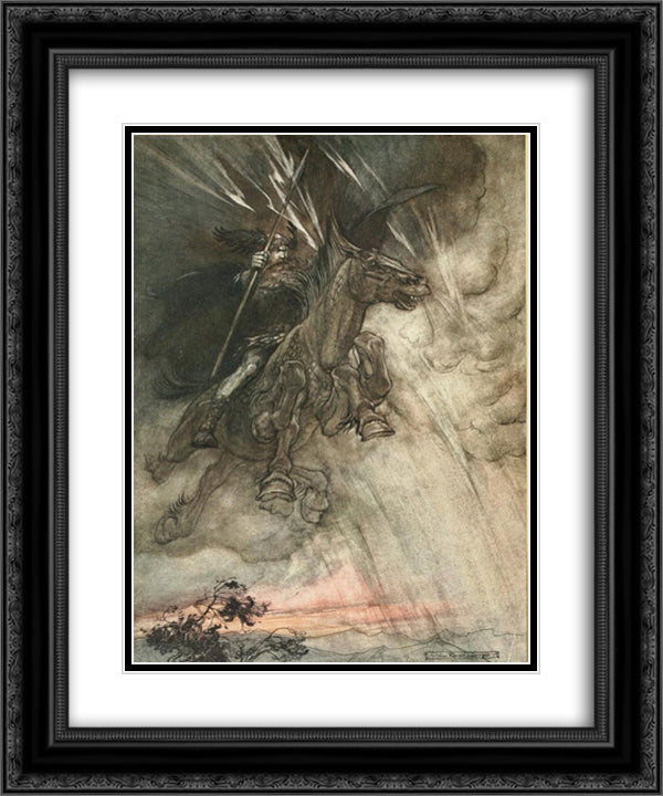 Raging, Wotan, rides to the Rock 20x24 Black Ornate Wood Framed Art Print Poster with Double Matting by Rackham, Arthur