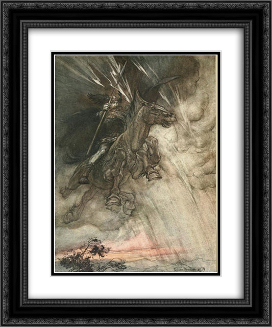 Raging, Wotan, rides to the Rock 20x24 Black Ornate Wood Framed Art Print Poster with Double Matting by Rackham, Arthur