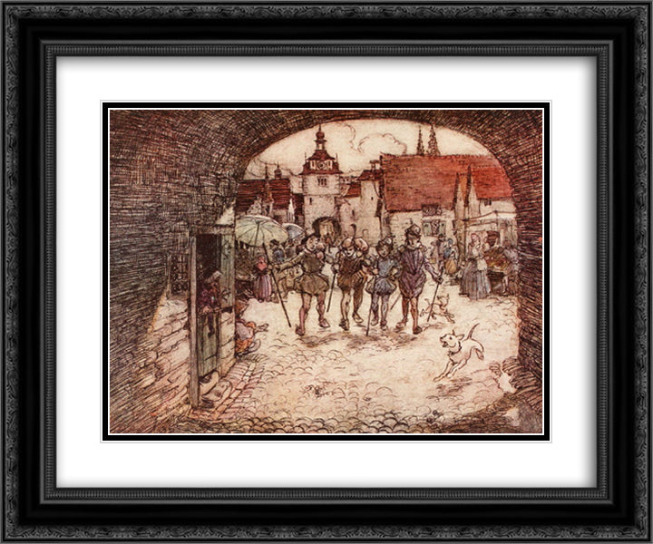 So the four Brothers took their sticks in their hands, bade their Father good-bye, and passed out of the town gate 24x20 Black Ornate Wood Framed Art Print Poster with Double Matting by Rackham, Arthur