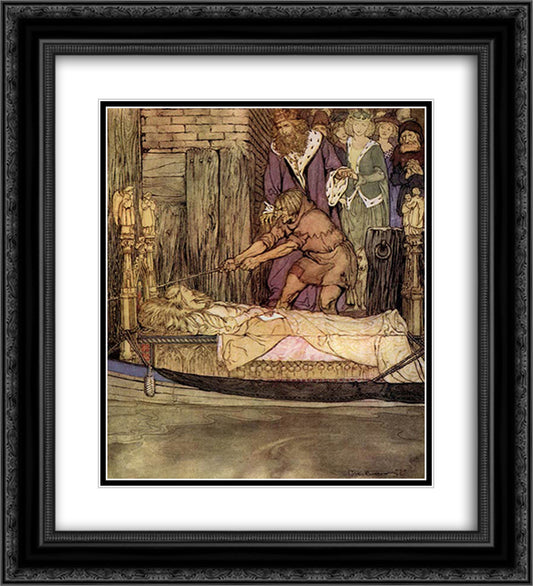 The boat with the dead Maid of Astolat before the palace at Westminster 20x22 Black Ornate Wood Framed Art Print Poster with Double Matting by Rackham, Arthur