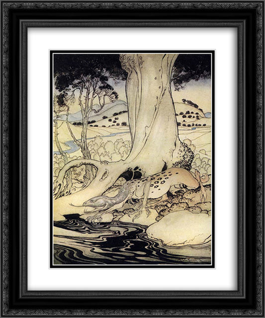 The dragon in the woods near Dublin 20x24 Black Ornate Wood Framed Art Print Poster with Double Matting by Rackham, Arthur