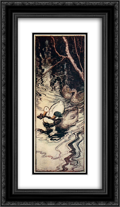 The Ducks, which he had once saved, dived and brought up the key from the depths 14x24 Black Ornate Wood Framed Art Print Poster with Double Matting by Rackham, Arthur