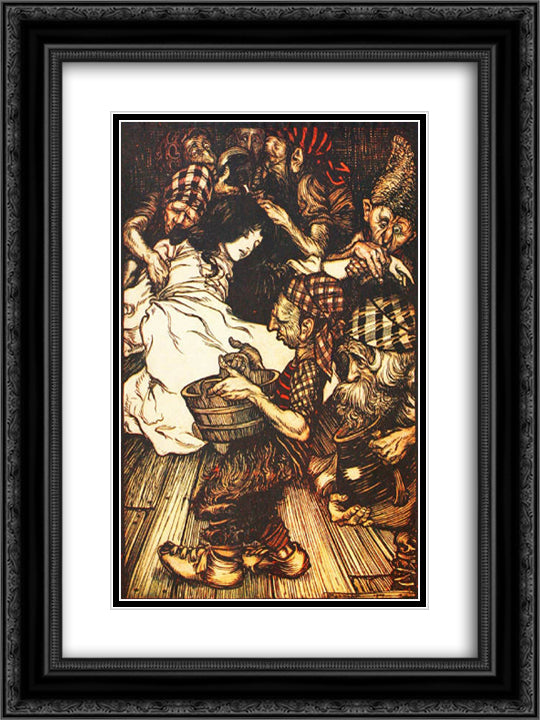 The Dwarfs, when they came in the evening, found Snowdrop lying on the ground 18x24 Black Ornate Wood Framed Art Print Poster with Double Matting by Rackham, Arthur