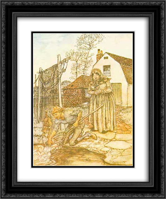 The fisherman and his wife had no children, and they were just longing 20x24 Black Ornate Wood Framed Art Print Poster with Double Matting by Rackham, Arthur