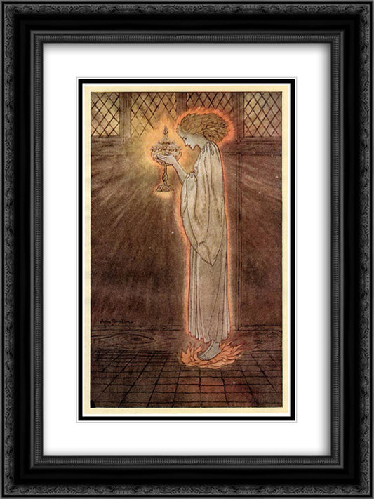 The Holy Grail is carried in 18x24 Black Ornate Wood Framed Art Print Poster with Double Matting by Rackham, Arthur