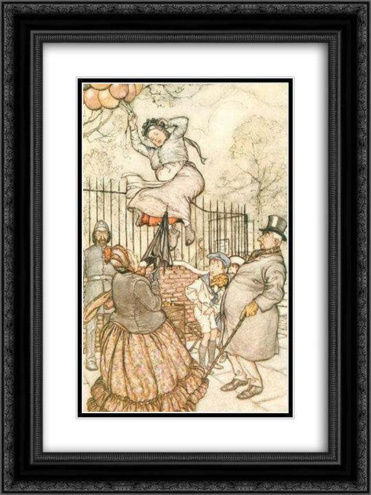 The lady with the balloons, who sits just outside 18x24 Black Ornate Wood Framed Art Print Poster with Double Matting by Rackham, Arthur