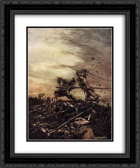 The struggle between King Arthur and Modred 20x24 Black Ornate Wood Framed Art Print Poster with Double Matting by Rackham, Arthur