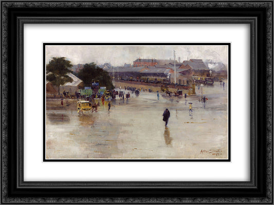 The railway station, Redfern 24x18 Black Ornate Wood Framed Art Print Poster with Double Matting by Streeton, Arthur