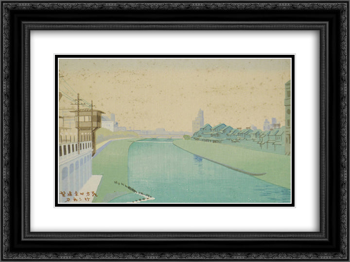 Distant View of Shijo in the Early Morning 24x18 Black Ornate Wood Framed Art Print Poster with Double Matting by Takeji, Asano