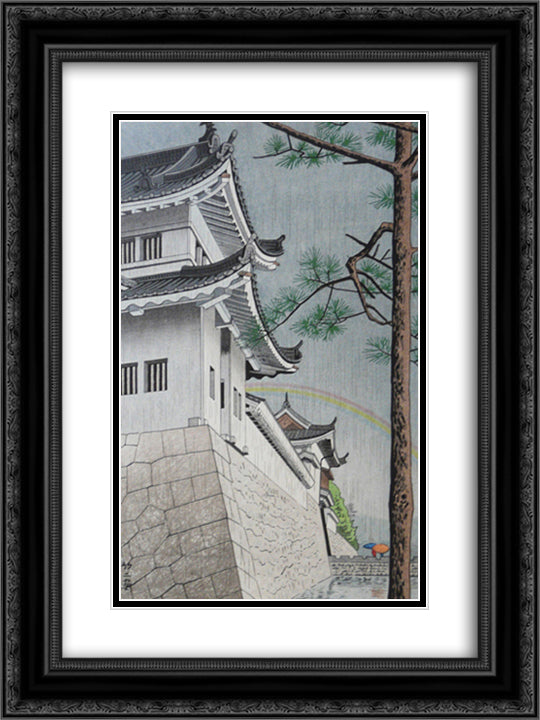 Drizzling Rain at Nijo Castle 18x24 Black Ornate Wood Framed Art Print Poster with Double Matting by Takeji, Asano