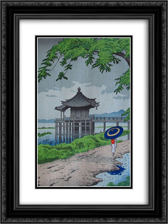 Drizzling Rain in Ukimido 18x24 Black Ornate Wood Framed Art Print Poster with Double Matting by Takeji, Asano