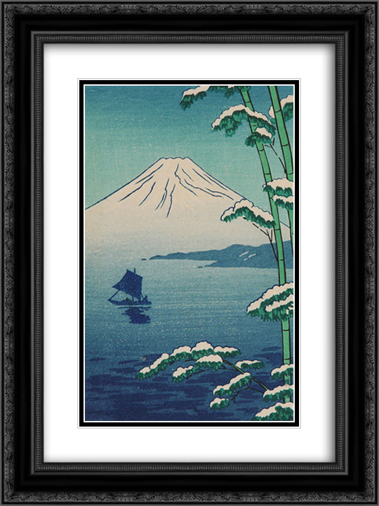 Pagoda and Mt. Fuji 18x24 Black Ornate Wood Framed Art Print Poster with Double Matting by Takeji, Asano