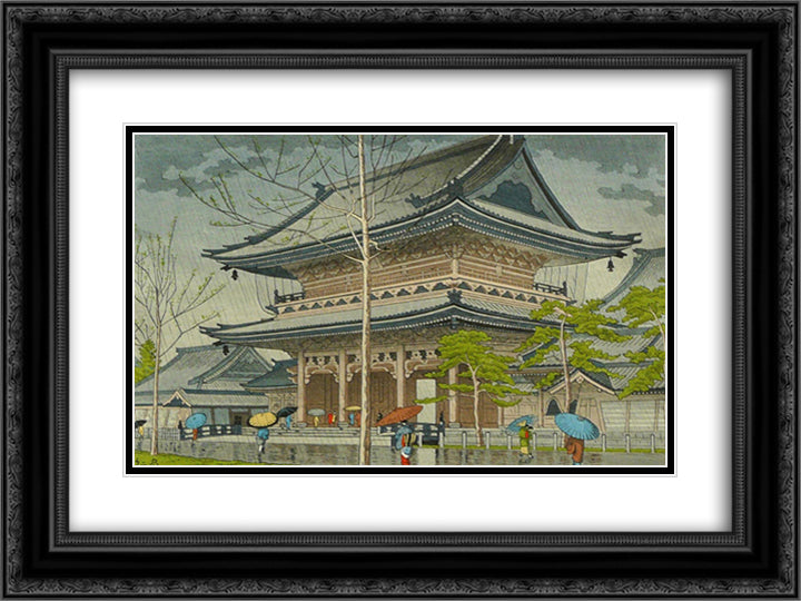 Rain in Higashi - Honganji Temple, Kyoto 24x18 Black Ornate Wood Framed Art Print Poster with Double Matting by Takeji, Asano