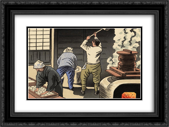 Rice - Cake Making 24x18 Black Ornate Wood Framed Art Print Poster with Double Matting by Takeji, Asano