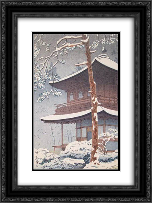 Snow at Ginkakuji 18x24 Black Ornate Wood Framed Art Print Poster with Double Matting by Takeji, Asano